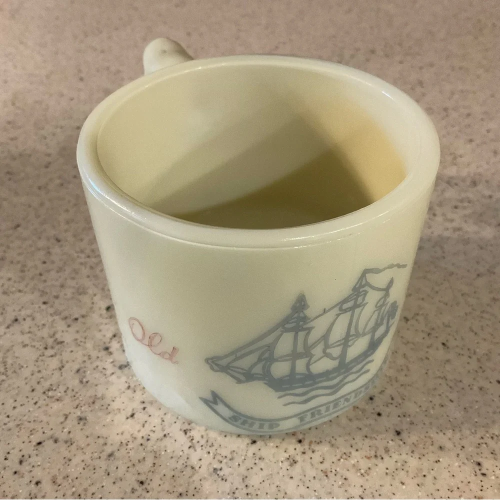 vtg OLD SPICE Shaving Mug Ship Friendship 1940s Marbled Glass Off White Blue +